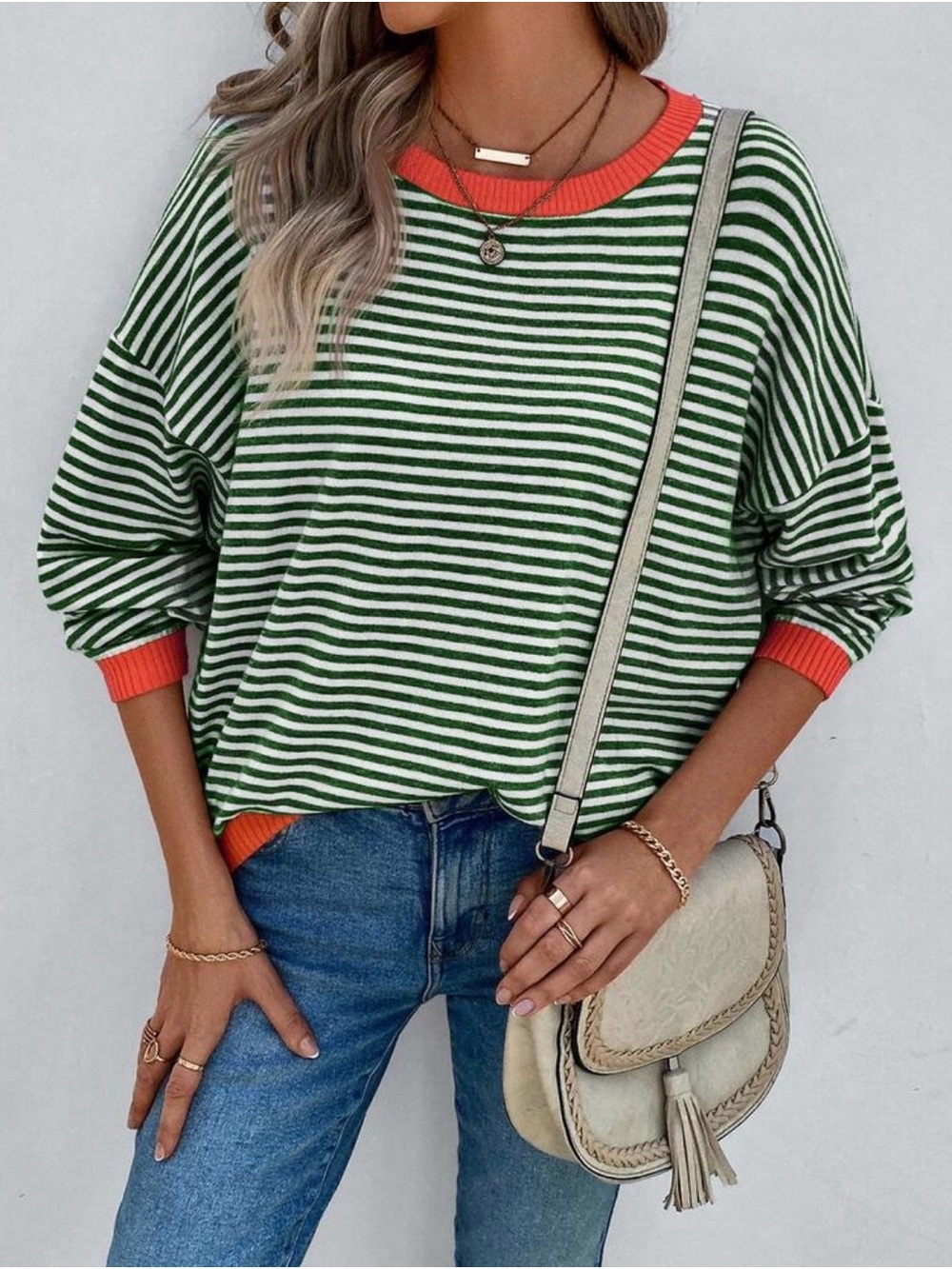 Striped Green and White Sweater with Orange Trim